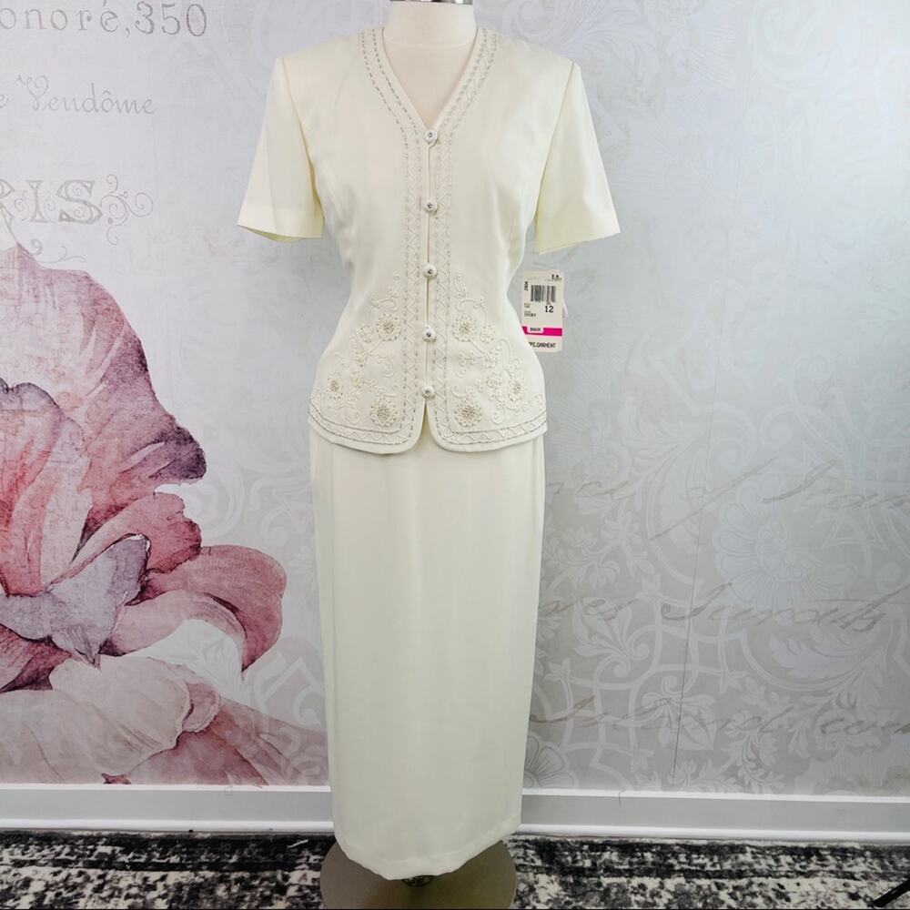 R&M Richards Ivory Two Piece Set Beaded Long Skirt NWT Size 12